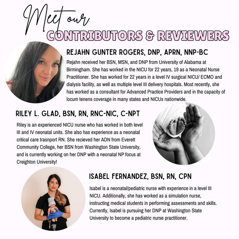 May include: Three women with different backgrounds and credentials are featured in this image. Each woman is pictured with a baby in their arms. The text above each woman's photo lists their name, credentials, and a brief description of their experience in the neonatal intensive care unit (NICU).