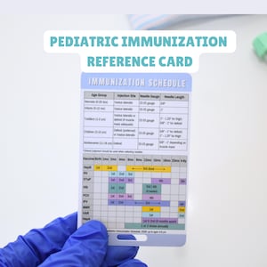 May include: A rectangular pediatric immunization reference card featuring a white background with blue text. The card displays an immunization schedule table with columns for age groups, injection sites, needle gauges, and needle lengths in inches.