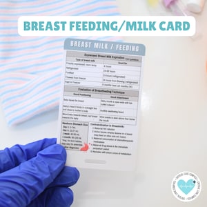 Op de afbeelding: Een witte rechthoekige referentiekaart met de titel BREAST MILK / FEEDING, voorzien van tabellen voor de houdbaarheid van moedermelk, borstvoedingstechnieken, maaginhoud van pasgeborenen in ml en contra-indicaties voor moedermelk.
