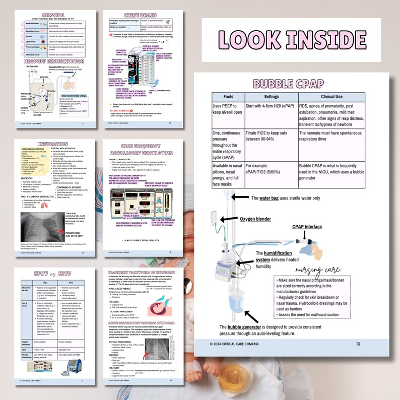 May include: A diagram illustrating the use of bubble CPAP for infants. The diagram shows a CPAP machine with a humidifier, oxygen blender, and a water bag. The text explains the settings and clinical uses of bubble CPAP, including respiratory distress syndrome (RDS), apnea of prematurity, and post-extubation care. The text also mentions that bubble CPAP is frequently used in the neonatal intensive care unit (NICU).