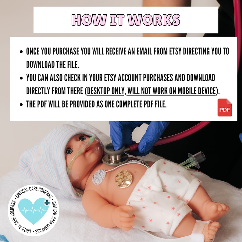 May include: A baby doll with a stethoscope on its chest. The doll is wearing a pink and white hat and a white shirt with pink stars. The text "HOW IT WORKS" is at the top of the image. The text "CRITICAL CARE COMPASS" is in a circle around a heart with a heartbeat line. The text "PDF" is in a red box in the upper right corner of the image.