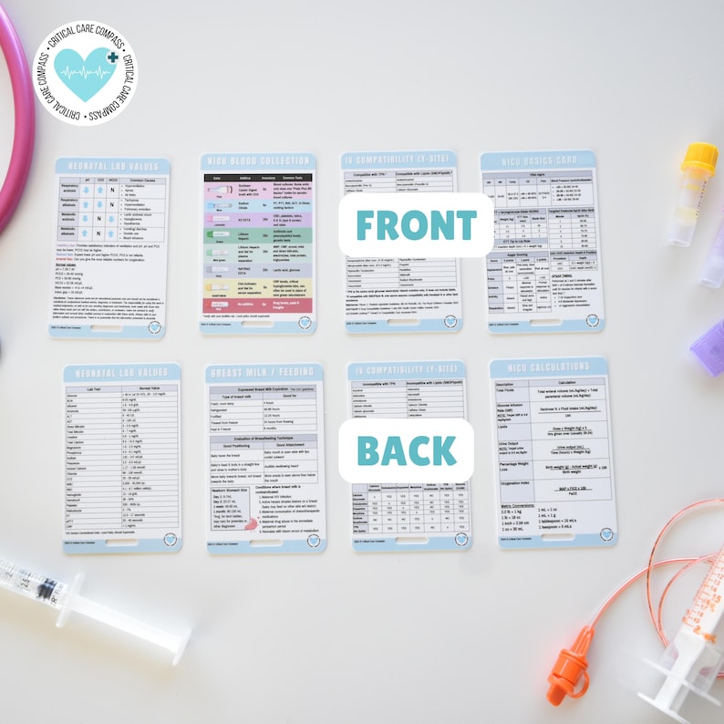 Front and back of neonatal reference cards