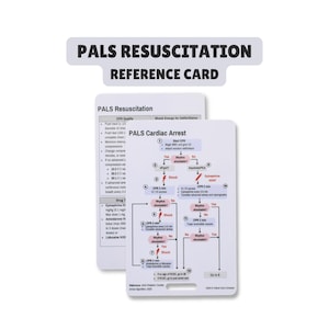 May include: Two white rectangular PALS resuscitation reference cards featuring black text and flowcharts. The front card displays a PALS Cardiac Arrest algorithm with numbered steps, red lightning bolt icons, and blue boxes detailing medical procedures.