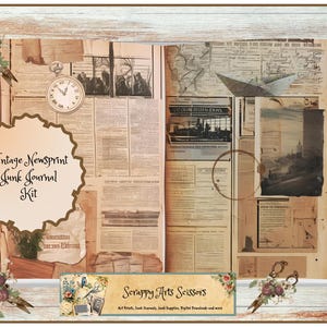 Junk Journal Grungy Newsprint torn collaged papers  for a    vintage, grungy background  digital download perfect addition to your projects