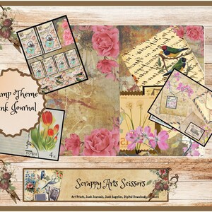 Junk Journal Kit mit Vintage Briefmarken und faux Ephemera. ausdruckbare vintage Junk Journal Seiten und alte Markierungen für Collagen