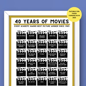 40 Jahre Filmposter | 40 Meilenstein Geschenk | Oscar Siege Filme seit 1985 | Druckbares Geschenk | 1985 Film Geschenk | 40. Geburtstag Film Geschenk