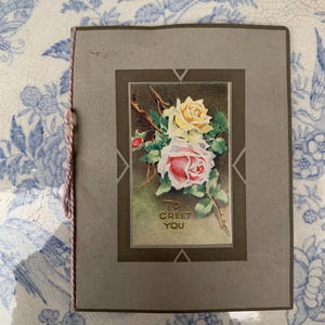 Antique Art Deco Rose Greeting Card – “To Greet You” Booklet Style with Ribbon Binding