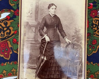 Antique French Cabinet Card Portrait | Victorian Woman with Umbrella | Le Havre Studio Photo | 19th Century Photography