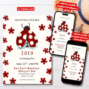 Editable Ladybug Birthday Party Invitation Template, Printable Our Little Love Bug Ladybug Party Invitation, Girl Ladybug Invite, Lady Bug
