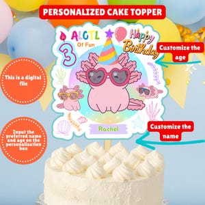 Personalized Cool Axolotl Birthday Party Cake Topper, Cute Pink Axolotl Bday Party Cake Topper, Alotl Fun Cake Decor, Under The Sea Party