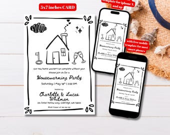 Editable Handdrawn Housewarming Party Invitation Template, Printable Handwritten New Home Invite, Whimsical Doodle Style Housewarming Invite