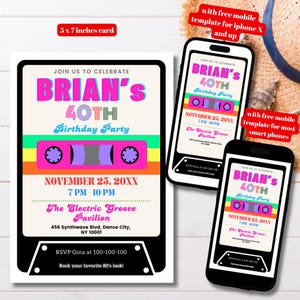 Modelo de convite para festa de aniversário dos anos 80 com fitas cassete editáveis, convite para festa de retorno para impressão, convite para festa de aniversário de 40 anos com fitas cassete retrô