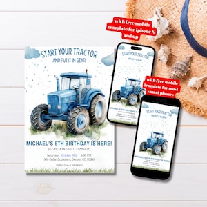 Tractor Birthday Party Invitation Editable Template, Blue Farm Tractor Birthday Party Invite, Blue Farm Party Invite Template