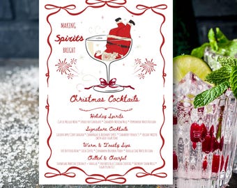 Editable Making Spirits Bright Christmas Cocktail Party Menu Template, Printable Christmas Party Cocktail Menu, Whimsical Hand Drawn Xmas