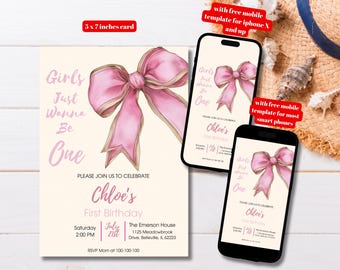 Editable Girls Just Wanna Be One Birthday Invitation Template, Printable Pink Coquette Bow First Bday Invite, Girls First Birthday Invite