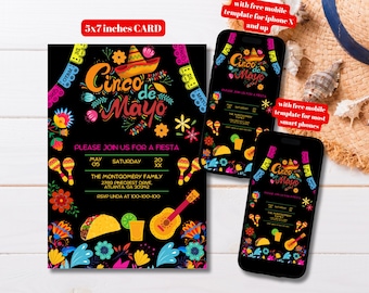 Editable Cinco De Mayo Invitation Template, Printable Mexican Let's Fiesta Party Invite, Mexican Holiday Celebration Invitation, Mexican