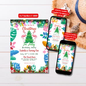 Bearbeitbare Flamingos Weihnachten im Juli Party Einladung Vorlage, Druckbare Tropische Weihnachten im Juli einladen, Weihnachten Sommer Party einladen