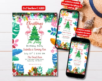 Editable Flamingos Christmas in July Party Invitation Template, Printable Tropical Christmas in July Invite, Christmas Summer Party Invite