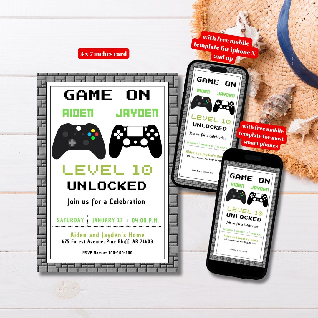 Editable Video Game Controller Birthday Party for Twins Invitation ...