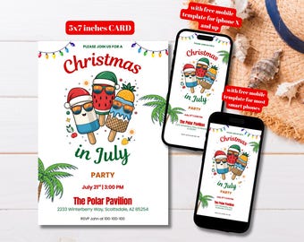 Editable Christmas Summer Popsicles Christmas in July Party Invitation Template, Printable Christmas in July Watermelon Popsicle Invitation