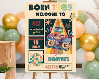 Editable Retro Born in 1985 80s Birthday Party Welcome Sign Template, Printable 80s 40th Birthday Welcome Poster, Back to the 80s Party Sign