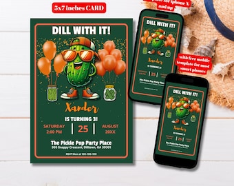 Bearbeitbare Pickle Geburtstagseinladungsvorlage, druckbares Dill Mit Es Pickle Bday einladen, Orange Pickle Bday Party einladen, große Dillgurke