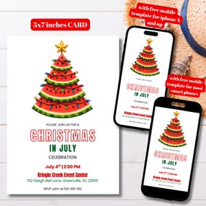 Bearbeitbarer Wassermelonen-Weihnachtsbaum Weihnachten im Juli Party Einladung Vorlage, druckbare Wassermelone Juli Weihnachten einladen, Weihnachtssommer