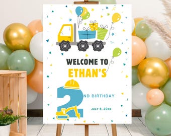 Plantilla editable de cartel de bienvenida para fiesta de cumpleaños con temática de construcción en azul y verde, póster imprimible para el segundo cumpleaños de niño, cartel para fiesta de cumpleaños con temática de excavadora.