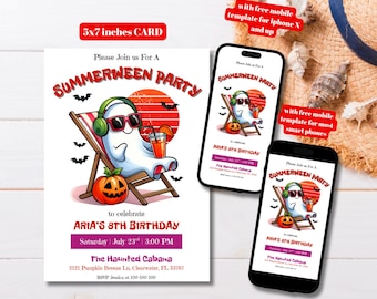 Editable Summerween Birthday Party Invitation Template, Printable Ghost Pool Party Invite, Ghost Summer Beach Party, Halloween in Summer