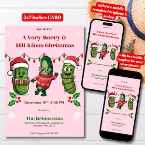 Modello modificabile per invito alla festa di Natale "A Very Merry & Dill-icious", invito stampabile per Natale con sottaceti, biglietto d'invito per festa di Natale "Big Dill"