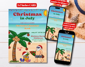 Editable Beach Santa Christmas in July Party Invitation Template, Printable Santa Summer Party Invite, July Christmas Invitation Template