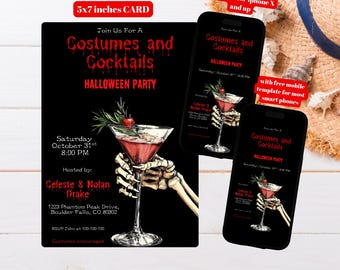 Editable Costumes and Cocktails Halloween Party Invitation Template, Printable Adult Halloween Party Evite, Cocktail Party, Costume Party