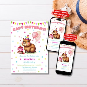 Editable Capybara Birthday Party Invitation Template, Printable Pink Capy Birthday Party Invite, Pink Capybara Bday Invite Kids Party