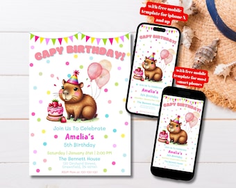 Editable Capybara Birthday Party Invitation Template, Printable Pink Capy Birthday Party Invite, Pink Capybara Bday Invite Kids Party
