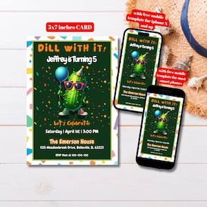 Editable Dill With It Pickle Birthday Party Invitation Template, Printable Cool It&#39;s A Big Dill Pickle Bday Invite, Cute Pickle Bday Invite
