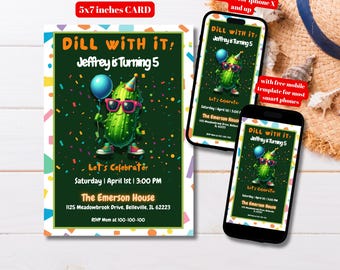 Editable Dill With It Pickle Birthday Party Invitation Template, Printable Cool It's A Big Dill Pickle Bday Invite, Cute Pickle Bday Invite