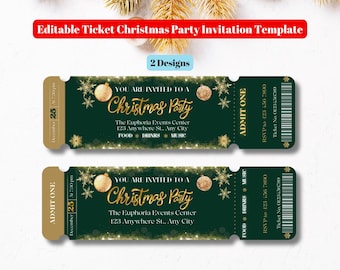 Editable Christmas Party Ticket Invitation Template, Printable Emerald Green and Gold Christmas Party Ticket Invite, Holiday Party Invite
