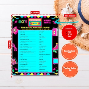 Printable 80s Neon Party Trivia Games, Music Match 80s Theme Party Games, 80s Bday Music Game, Back to the 80s Party, Neon Music Trivia Game