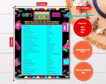 Printable 80s Neon Party Trivia Games, Music Match 80s Theme Party Games, 80s Bday Music Game, Back to the 80s Party, Neon Music Trivia Game