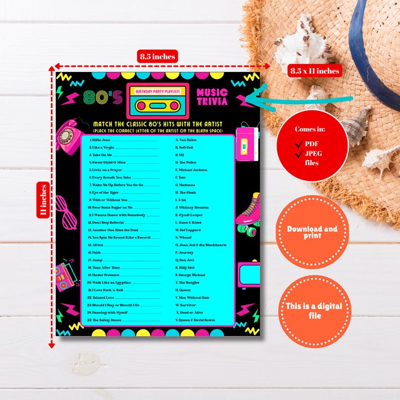 Printable 80s Neon Music Trivia Game - Match 25 Songs with the Correct Singer - 8.5 x 11 PDF and JPEG
