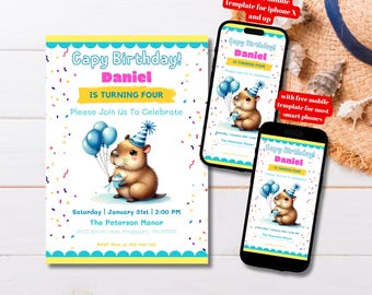 Editable Capy Birthday Capybara Party Invitation Template, Printable Capybara Kids Bday Party Invite, Digital Cute Capybara Party Invitation