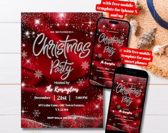Plantilla editable elegante de invitación para fiesta navideña con brillo rojo y plateado brillante, invitación para fiesta de invierno en rojo y plateado, rojo y plateado