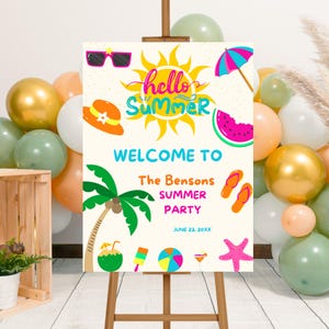 Modello modificabile per cartello di benvenuto per festa estiva, poster estivo stampabile, poster di benvenuto per festa estiva, cartello per festa in piscina, festa in piscina