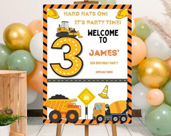 Plantilla editable de cartel de bienvenida para fiesta de cumpleaños con temática de construcción, póster imprimible para el tercer cumpleaños con temática de construcción, fiesta de niños con excavadora, fiesta de camiones volquete