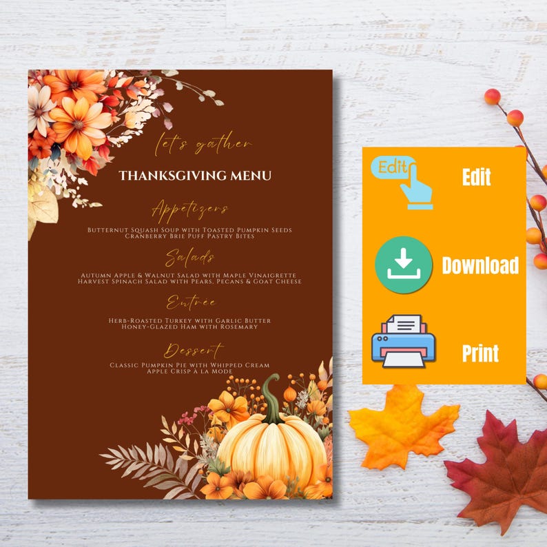 Editable Thanksgiving Menu Template, Printable Fall Dinner Card, Autumn