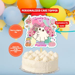 Adorno floral retro personalizado para tarta de Halloween, adorno de fantasma de Halloween personalizado, adorno de fantasma arcoíris pastel espeluznante.