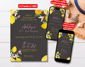 Editable Lemon Birthday Invitation Template, Printable Squeeze Lots of Fun Yellow Lemon Birthday Invite, Yellow Pink Lemon Bday Party Invite