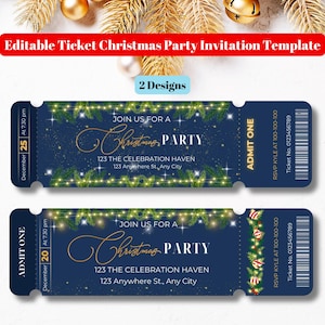 Bearbeitbare Blau-Gold-Weihnachtsfeier-Einladungsvorlage, Blaue Weihnachtsveranstaltungskarte Canva-Vorlage, Urlaubsticket-Partyvorlage