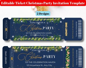 Editable Blue and Gold Christmas Party Ticket Invitation Template, Blue Christmas Event Ticket Canva Template, Holiday Ticket Party Template
