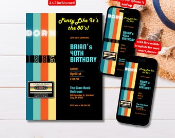 1985年生まれの40歳の誕生日招待状テンプレート（編集可能）、80年代風ヴィンテージ誕生日招待状（印刷可能）、カセットテープ1985年生まれの招待状